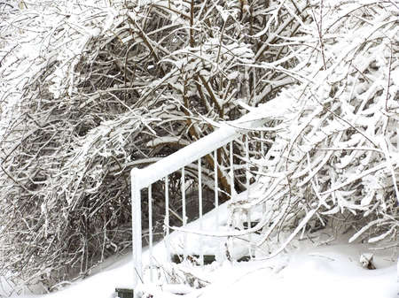 Stairs covered by snow after snow storm. Winterの写真素材