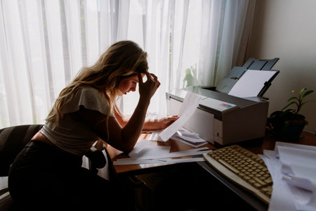 blonde woman stressed and with headache in the work office space with a lot of papers