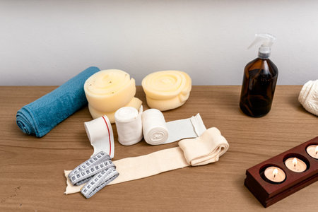 Stock photo of different products like bandages and towels used in physiotherapy clinic.
