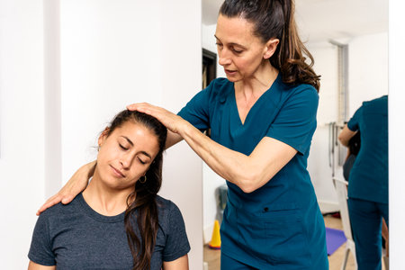 Stock photo of physiotherapist giving neck massage to patient sitting in stretcher.の写真素材