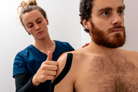 Stock photo of physiotherapist giving back massage to patient sitting in stretcher.の写真素材