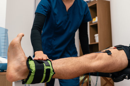 Stock photo of unrecognized women giving treatment for leg pain to a man sitting in stretcher.の写真素材