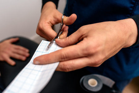 Stock photo of unrecognized worker in physiotherapy clinic cutting bandage for injured patient.