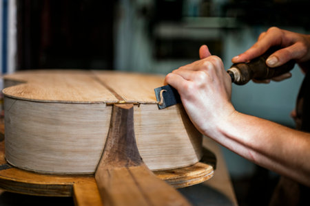 Unrecognized craftswoman creating a guitar and using tools in a traditional workshop.の写真素材