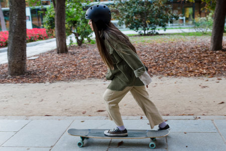 Young skateboarder woman practicing tricks with a longboard outdoors in a park.の写真素材