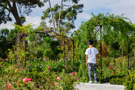 Young boy on his back walking calmly in the parkの写真素材