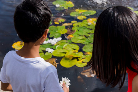 Mother and son from behind looking at the water in a park.の写真素材