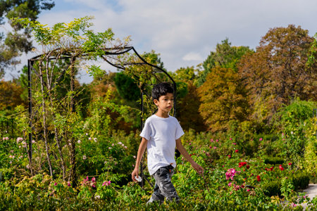 Young boy walking calmly in the park.の写真素材