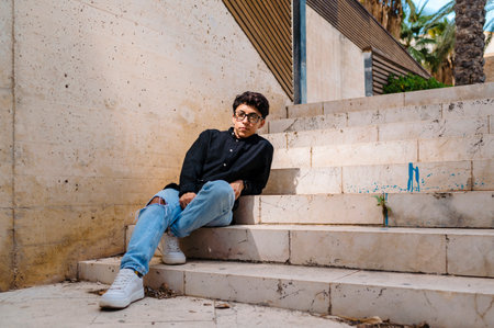 Young transgender person looking away while sitting on stairs outdoors.の写真素材