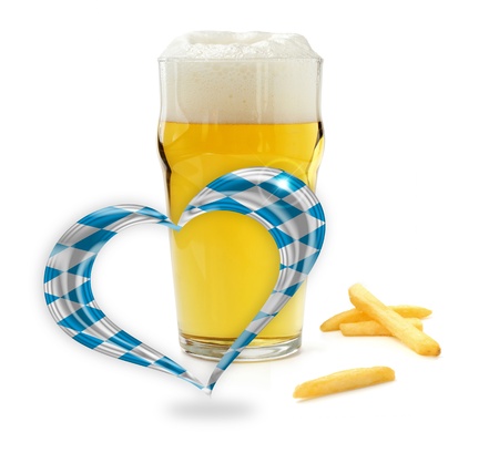 glass of beer, french fries and a heart with bavarian flag colorsの写真素材
