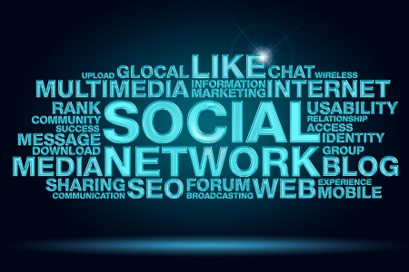social networking word cloud on dark blue background の写真素材