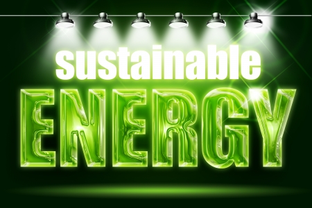 energy text illuminated by spotlights on black backgroundの写真素材
