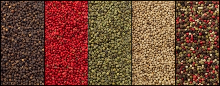 varieties of pepper  black, red, green, white and mixedの写真素材