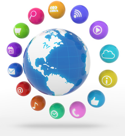 multimedia icons in circle around the world mapの写真素材