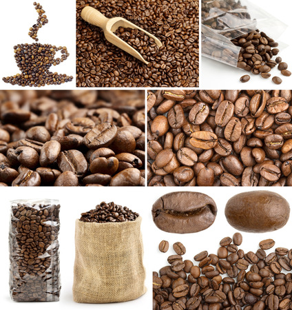 collage backgrounds with coffee beans and packagesの写真素材