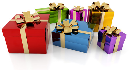colorful gift parcels with golden ribbon on white backgroundの写真素材