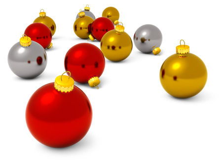 red, golden and silver christmas balls on white backgroundの写真素材