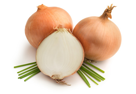 brown onions and chives on white backgroundの写真素材