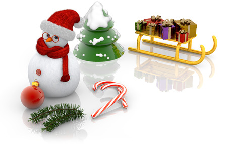 snowman, sled, and fir on white backgroundの写真素材