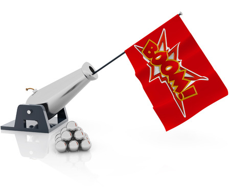 cannon shooting a flag on white backgroundの写真素材