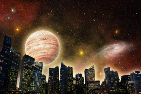 skyline of a futuristic city in outer space