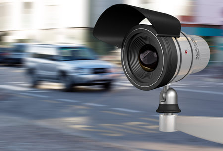 close-up of a security camera in city traffic