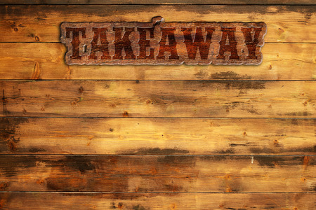 takeaway signboard nailed to a wooden wallの写真素材