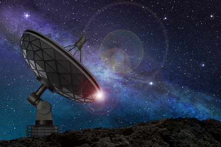 satellite dish under a starry night skyの写真素材