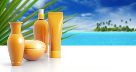 set of sun lotions in a tropical backgroundの写真素材