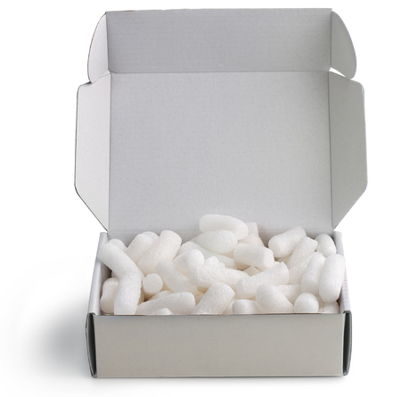 cardboard box filled with polystyrene foam chipsの写真素材
