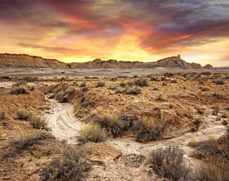 scenic view of sunset in a desolate landscape, Utahの写真素材