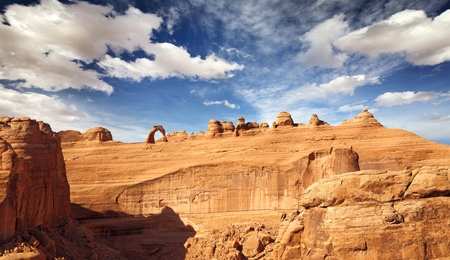 panoramic view of natural arch and rock formations, Arches national Parkの写真素材