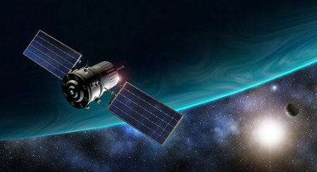3d illustration of satellite orbiting the earth 