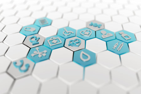 medical icons in a white hexagonal background, 3d illustration