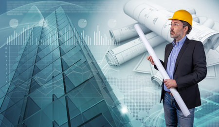 Architect and skyscraper structure, 3d illustration