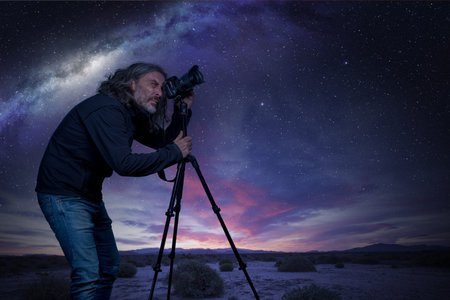 Man standing at camera on tripod under a starry skyの写真素材