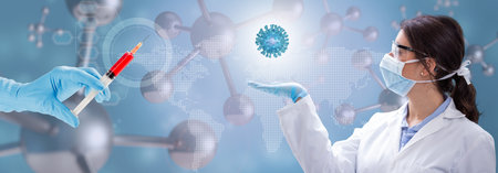Scientist with virus and hand holding a syringe in molecular