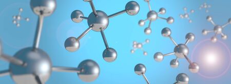 steel molecular structure and flare in blue backgroundの写真素材