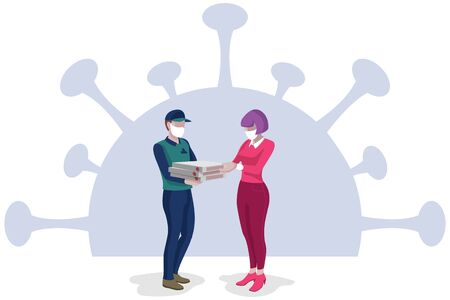 Courier delivering pizza to a woman, both wearing protective mask with coronavirusのイラスト素材