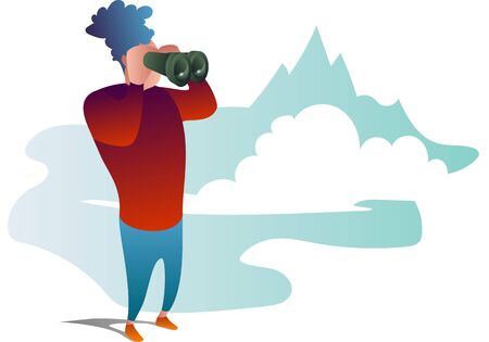 male character looking through a binoculars, flat vector illustrationのイラスト素材