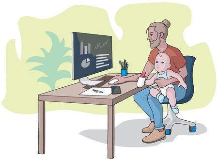 father holding his baby and working on computer, vector illustrationのイラスト素材