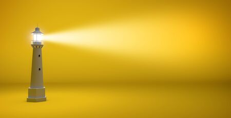 light beam of a lighthouse isolated on a yellow background with copy space, 3d illustrationの写真素材