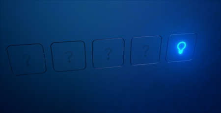 light bulb button illuminated and question marks in blue tone, problem solving and FAQ service concept, 3d illustrationの写真素材