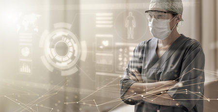 half length portrait of a female doctor looking at a digital screen in hud style, concept of...