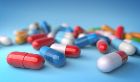 Close up of assorted capsules on blue background, 3d illustration. Concept image for pharmaceutical...