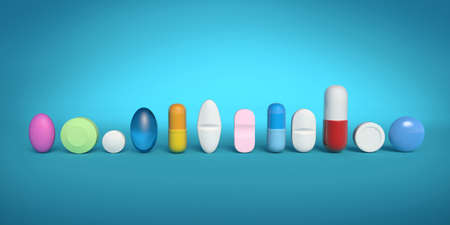 Colorful medicines in a row isolated on blue backdrop, 3d illustration. Pills and tablets rendering for pharmaceutical industry and health care.の写真素材