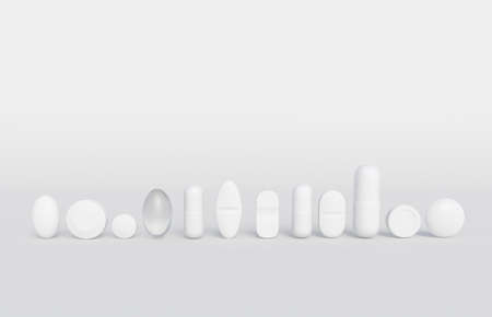 Assorted white medicines in a row isolated on a white backgdrop with space for text. 3d illustration for pharmaceutical industry and illness treatment.の写真素材