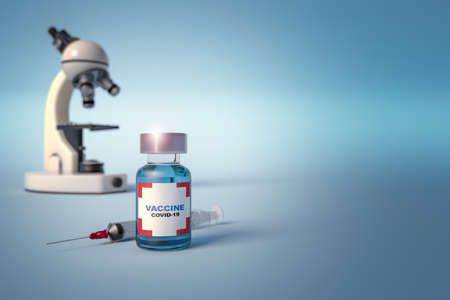 Anti covid-19 vaccine vial, syringe and microscope isolated on blue background with space for text and images.3d illustration for scientific research and vaccination against sars-cov 2.の写真素材