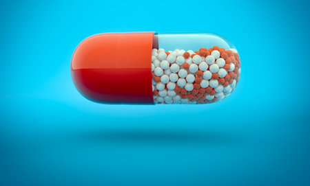 Flying capsule full of red and white granules on blue colored backdrop. 3d illustration of granular...