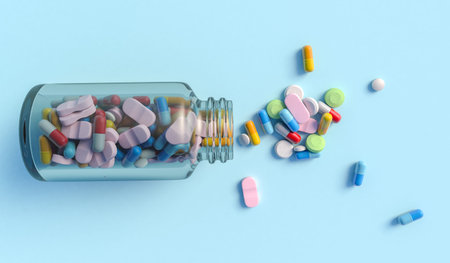 Top view of colorful medical drugs and medicines transparent bottle on light blue backdrop, 3d...